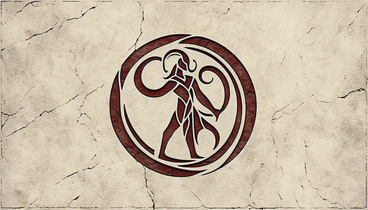 Steinrelief eines antiken nordischen Symbols fuer Loki in ziegelfarben auf hellem stein mit unregelmaessigkeiten