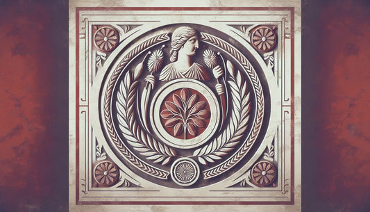 Stilisiertes steinernes Symbol vereint Liebe und Kampf mit Lorbeer und Schild in rotem Relief auf hellem steinernen Hintergrund