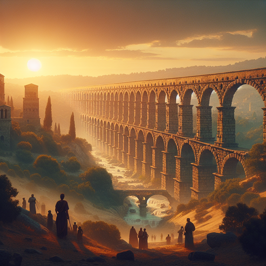 The Aqueduct of Valens spanning ancient Constantinople at sunset with stone arches and lush landscape in a cinematic 1960s epic painting style.