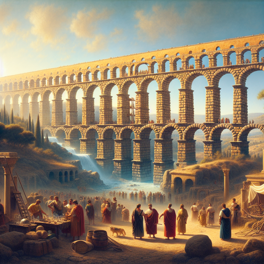 The Aqueduct of Valens arches across rolling hills in ancient Constantinople under a bright sky, with Roman engineers inspecting the structure in a cinematic 1960s historical epic painting style.