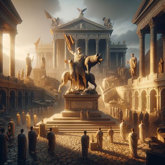 Romulus and Remus statue with the Capitoline Wolf in a cinematic, warm-toned scene, framed by ancient Roman architecture.