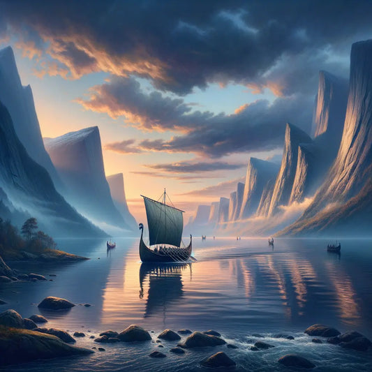 Viking longboat sailing under a twilight sky with fjords in the background, in the style of 1960s historical epics.