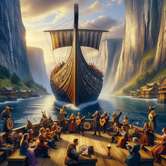 Viking cruise ship in a fjord with passengers enjoying cultural and adventurous activities, styled like a 1960s historical epic film.