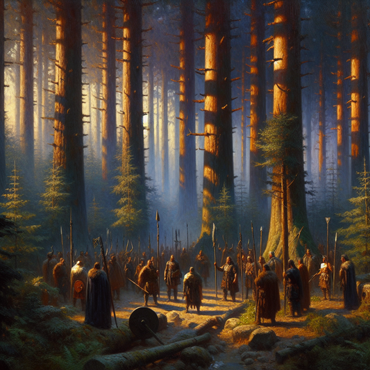 Shadowy Germanic tribal figures in dense twilight forest plotting secretly, evoking Arminius's assassination plot in Teutoburg Forest, in the style of 1960s Roman historical epics.