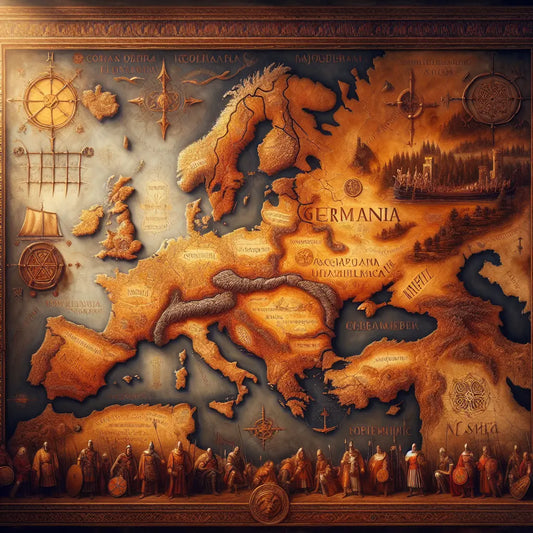 Artistic map of Europe highlighting ancient Germania with historical and cultural symbols of Germanic tribes, Roman soldiers, and Viking longships, painted in the style of a 1960s historical epic.