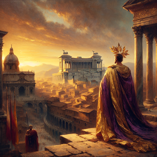Augustus in imperial regalia overlooking the ancient city of Rome at dawn, symbolizing the dawn of the Roman Empire and Pax Romana, painted in a 1960s historical epic style.