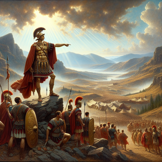 Emperor Aurelian leading Roman legions with 3rd century military banners in a dramatic battle against Gallic Empire forces, set in rugged ancient landscapes, painted in a classic 1960s historical epic style.