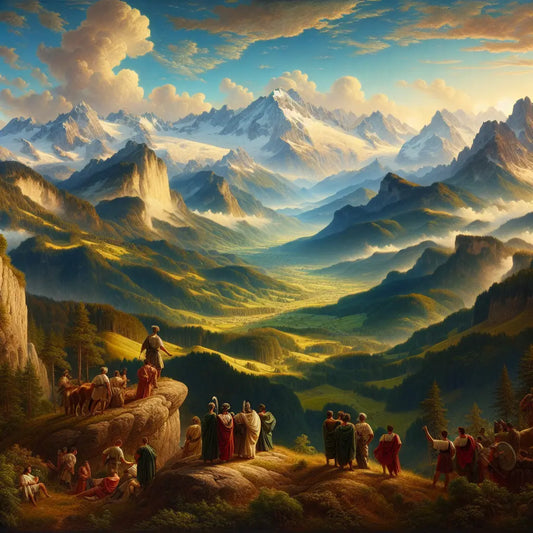 Panoramic view of the Bavarian Alps with snow-capped peaks and lush green valleys under a clear blue sky, painted in a 1960s Roman historical epic style.