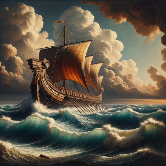 A Roman trireme navigates a stormy sea, symbolizing the balance between emotions and rationality, in a style inspired by 1960s historical epics.