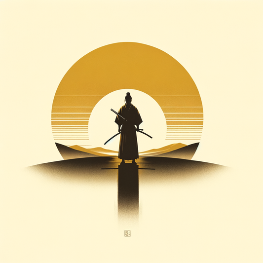 Samurai-Silhouette hält Katana in goldenen Sonnenaufgang gehüllt, minimalistisch und ruhig.