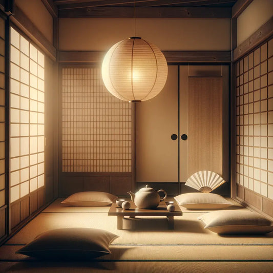 Eine ruhige, minimalistische Darstellung einer traditionellen japanischen Teezeremonie in einem schwach beleuchteten Tatami-Zimmer, mit einem eleganten Teeset unter einem sanften Papierlaternenlicht.