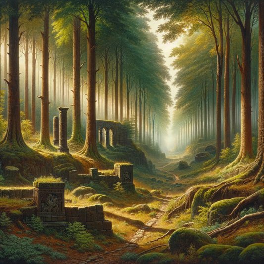 A cinematic view of the Teutoburg Forest with dense trees and a winding trail, featuring subtle ruins, inspired by 1960s historical epic films.