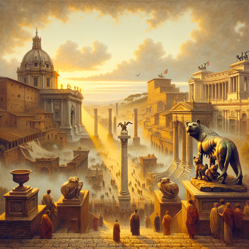 The Capitoline Wolf statue with Romulus and Remus in dawn light overlooking an ancient Roman cityscape, rendered in classical Roman style inspired by 1960s historical epics.