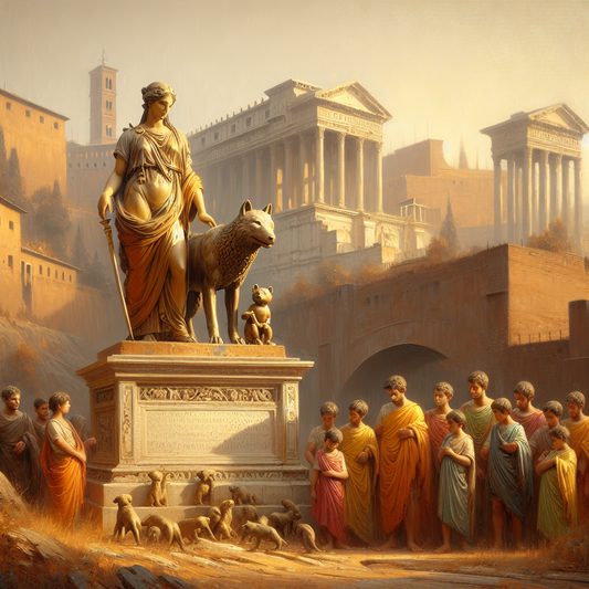 The Capitoline Wolf statue with Romulus and Remus beneath it, surrounded by ancient Roman architecture on the Capitoline Hill, painted in a cinematic 1960s Roman historical epic style.