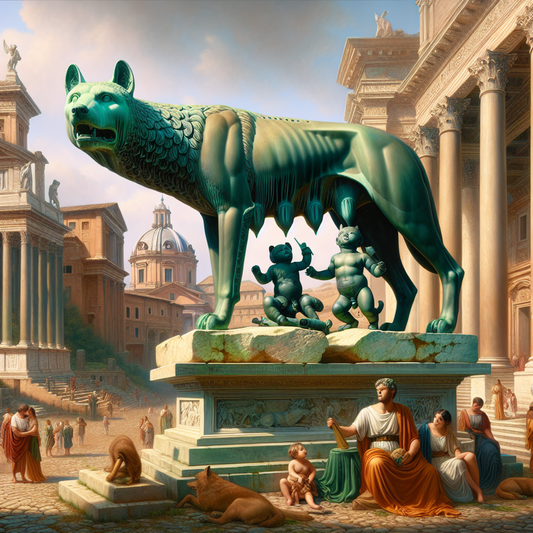 Bronze Capitoline Wolf statue with Romulus and Remus in ancient Roman Forum, surrounded by classical architecture under clear blue sky, inspired by 1960s historical epics.