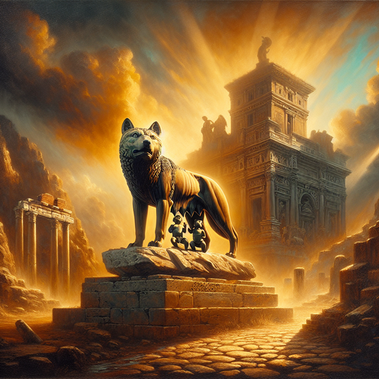 Majestic stone statue of the Capitoline Wolf with Romulus and Remus beneath it, set against a dramatic sunset sky and the ruins of ancient Rome, depicted in a warm, cinematic painterly style.
