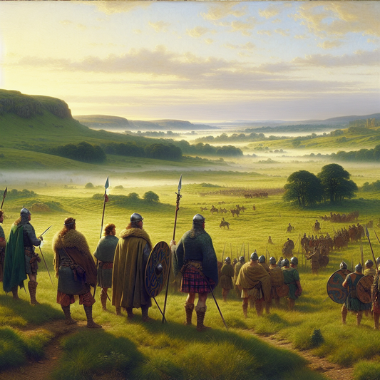 Ancient Gaul warriors in traditional Celtic dress on a misty battlefield in rolling green hills at dawn, rendered in a cinematic 1960s Roman epic painting style.