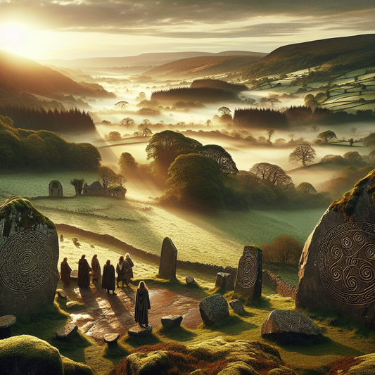 Ancient Gaelic and Celtic symbols carved into stones within a misty Irish-Scottish countryside, viewed through Roman-era eyes, in a cinematic 1960s historical epic style.