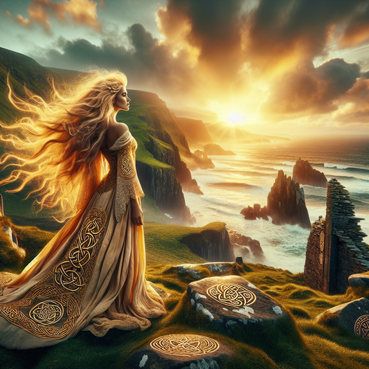 A radiant Celtic goddess with flowing golden hair stands on cliffs by the Atlantic Ocean at sunset, surrounded by Celtic symbols of love and fate, set in a lush Irish landscape.