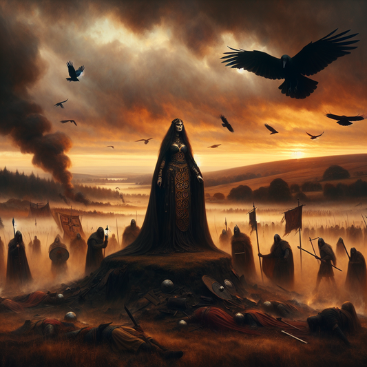 A powerful Celtic goddess stands on a smoke-filled dusk battlefield with crows circling overhead, conveying war, death, and prophecy in a dramatic ancient setting.