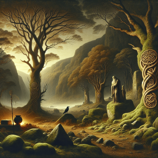 Ancient Gaelic gods and goddesses standing in a misty Celtic forest with rugged Irish hills, surrounded by symbolic items like a magic club, crow, cauldron, and Celtic knot designs, portrayed in a cinematic, classical painting style.