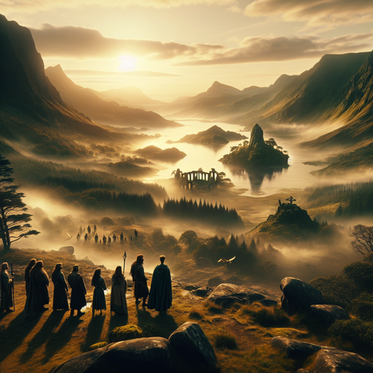 A cinematic oil painting of an ancient Celtic Otherworld landscape with glowing spring, mythical islands, and druidic figures, inspired by 1960s Roman epic film style.