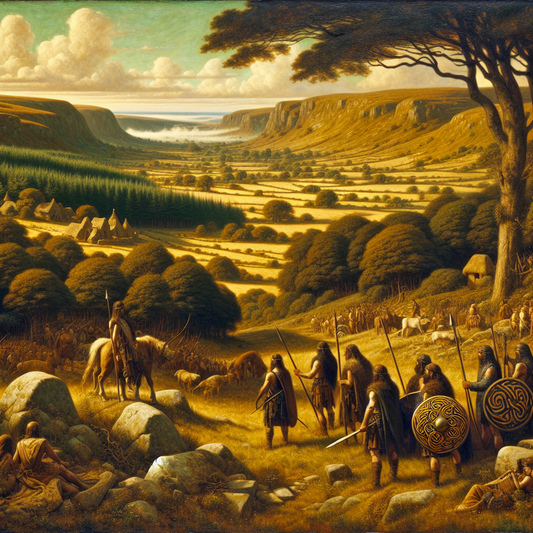 An artistic cinematic painting of ancient Celtic warriors in Gaul, with forests and rolling hills in the background, inspired by 1960s Roman historical epic films.