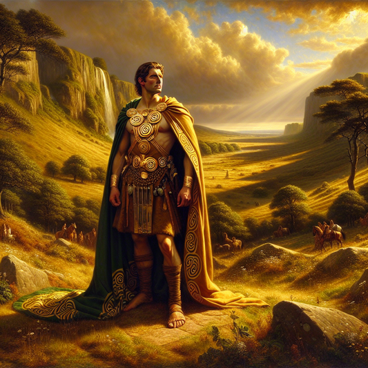 A proud Celtic warrior stands in a lush Gaul landscape, wearing glowing torc jewelry and symbolic spiral designs, depicted in the style of a 1960s Roman historical epic painting.
