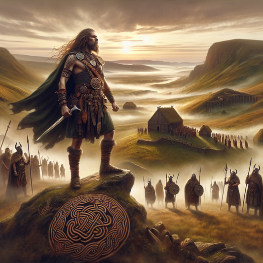 Celtic warrior standing proudly on a misty hillside in ancient Gaul, surrounded by swirling knotwork and tribal symbols, painted in a cinematic 1960s historical epic style.