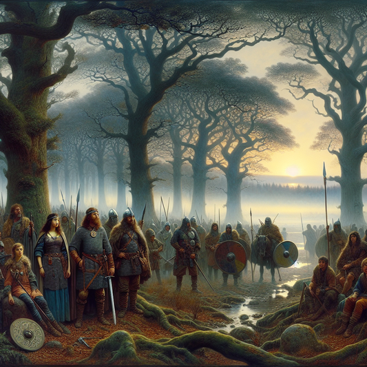 Celtic warriors in traditional helmets and attire stand proudly in a misty ancient forest at dawn, symbolizing Gallic tribes in a cinematic 1960s epic style.