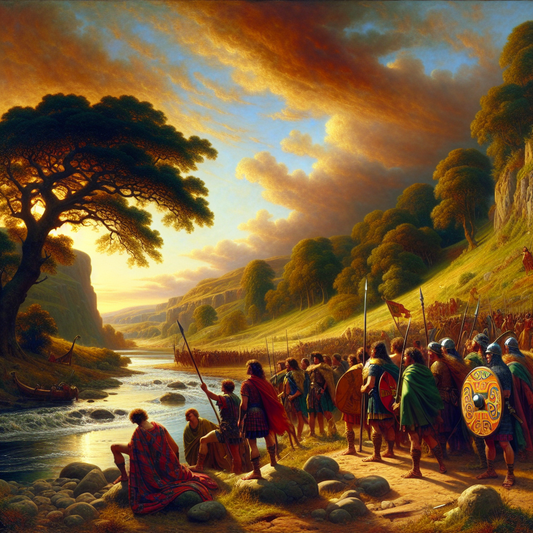 Ancient Celtic warriors in traditional attire prepare for battle by a river under a vibrant, dramatic sky in a cinematic historical painting style.