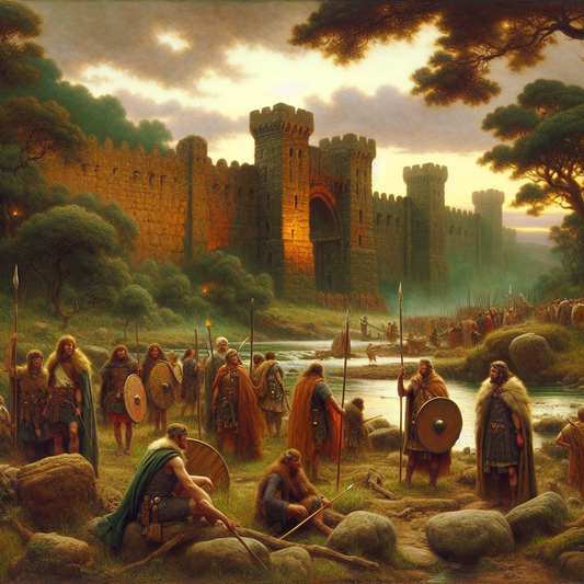 Ancient Celtic warriors stand at a lush riverside near Roman-style fortifications at dusk, illuminated by a warm, mystical glow, styled like a 1960s historical epic painting.