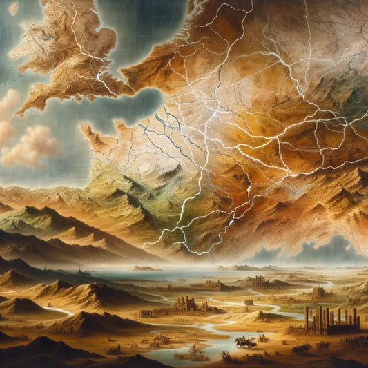 Artistic map of Central Europe in muted earth tones showing ancient genetic connections and migration routes among German, French, Dutch, and Polish populations, styled as a cinematic Roman historical epic painting.