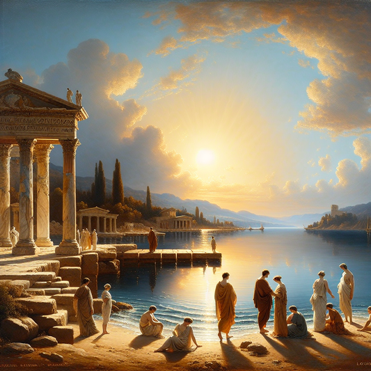 Ancient Mediterranean coastal port city of Citium bathed in warm sunlight, with classical Greek architectural elements and figures in togas discussing near the shore, styled like a 1960s Roman historical epic painting.