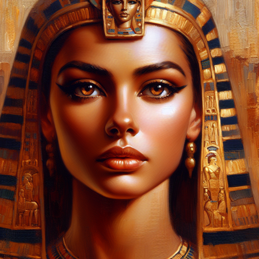 Close-up artistic portrait of Cleopatra with full lips, strong sloping nose, and large expressive eyes against a subtle Egyptian royal background, in a cinematic 1960s historical painting style.