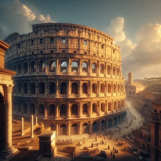 Wide-angle view of the ancient Roman Colosseum illuminated by warm golden sunlight during golden hour, with soft shadows enhancing the historic atmosphere.