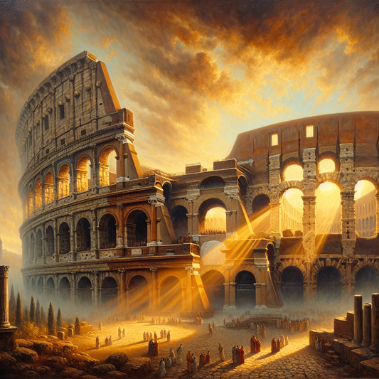 Panoramic view of the ancient Colosseum in Rome at sunrise, showcasing its massive stone arches bathed in warm golden light, rendered in the style of classic 1960s Roman historical epics.