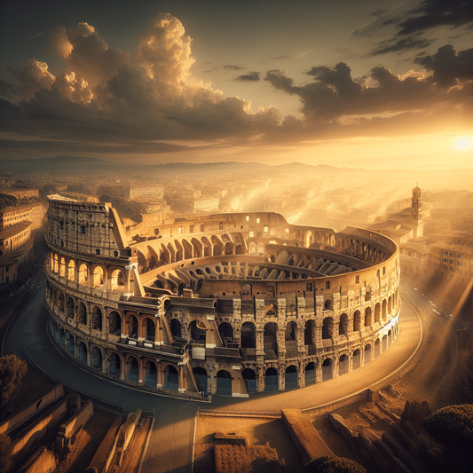 A cinematic aerial view of the Colosseum in Rome at sunset, illuminated by warm golden light showcasing its ancient Roman architecture amidst the cityscape, painted in the style of 1960s historical epics.
