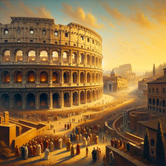 Panoramic view of the Colosseum in Rome at sunset with golden light highlighting ancient arches, tourists walking nearby, and the city skyline in the background, in the style of a 1960s historical epic painting.