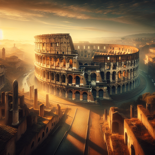 Panoramic view of the ancient Colosseum at sunrise, illuminated by warm golden light and surrounded by Roman ruins and cobblestone streets, in the style of a classic 1960s historical epic painting.