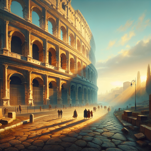 Panoramic view of the Colosseum in ancient Rome at sunrise with warm golden light illuminating the arches, tourists entering quietly under a clear blue sky, in a cinematic 1960s epic painting style.