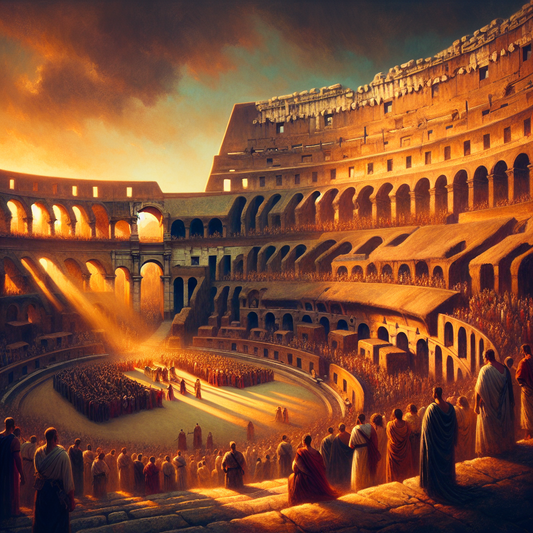 The ancient Roman Colosseum at sunset filled with spectators in traditional toga attire, capturing the grandeur and excitement of gladiatorial games in a painterly cinematic style.