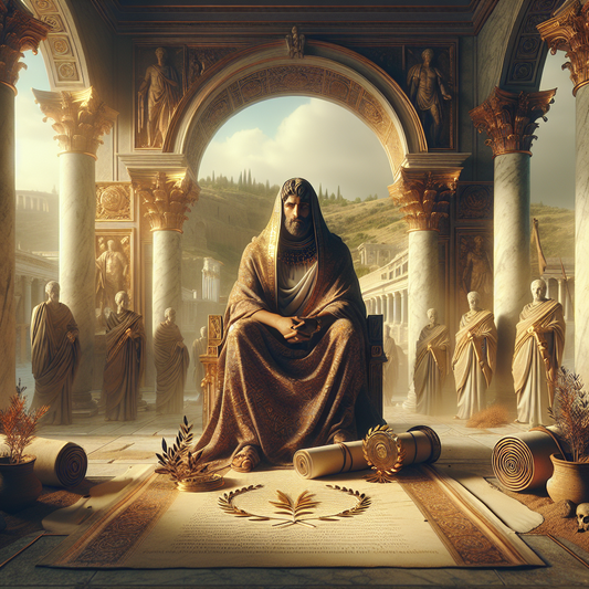 An ancient Roman emperor in traditional robes with a calm, wise expression, surrounded by laurel wreaths and scrolls symbolizing stoicism, set within a classical Roman architectural backdrop, rendered in a cinematic 1960s epic painting style.