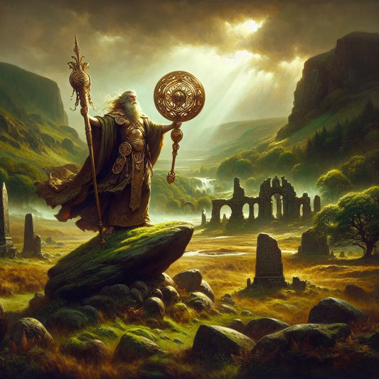 The Dagda, chief Celtic god, holding his giant club and magical cauldron, standing in a lush ancient Irish landscape illuminated by mystical sunlight in a cinematic painting style.