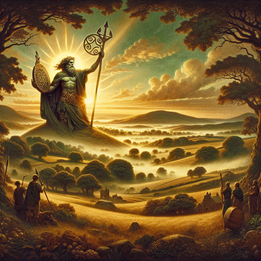 The Dagda, chief Celtic god, holding his magical club and harp, standing on a hill with misty Irish hills and lush greenery behind him, painted in a cinematic, 1960s historical epic style.