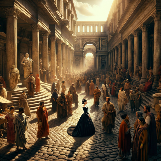 A Roman woman in a black stola amidst a bustling ancient Roman street with people in colorful togas and cobblestones, in a 1960s historical film style.