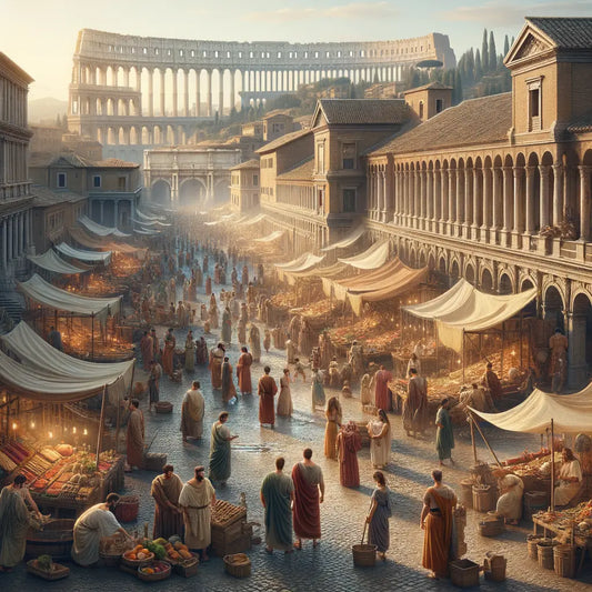 Bustling ancient Roman market scene with people in traditional attire, highlighting city architecture and Cloaca Maxima arches.