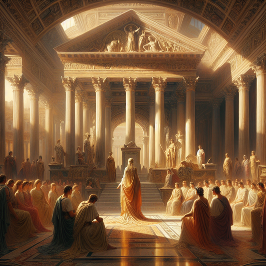 A dignified and tragic Lucretia stands in a Roman atrium surrounded by marble columns and Roman citizens, rendered in the style of a classical 1960s historical epic painting.