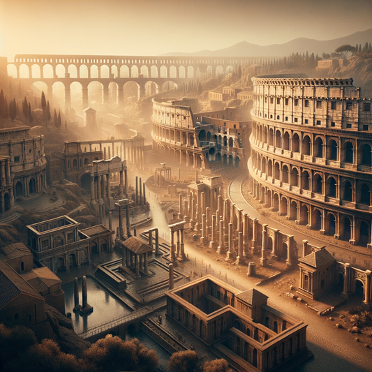 Cinematic painting depicting the Colosseum, aqueducts, and Roman arenas, inspired by 1960s epic films.