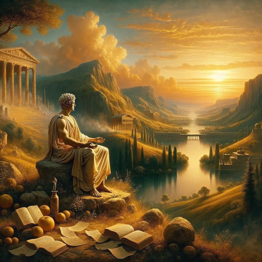 Roman philosopher in serene landscape symbolizing Stoic pantheism, with nature and divinity elements blending, inspired by 1960s historical epic style.